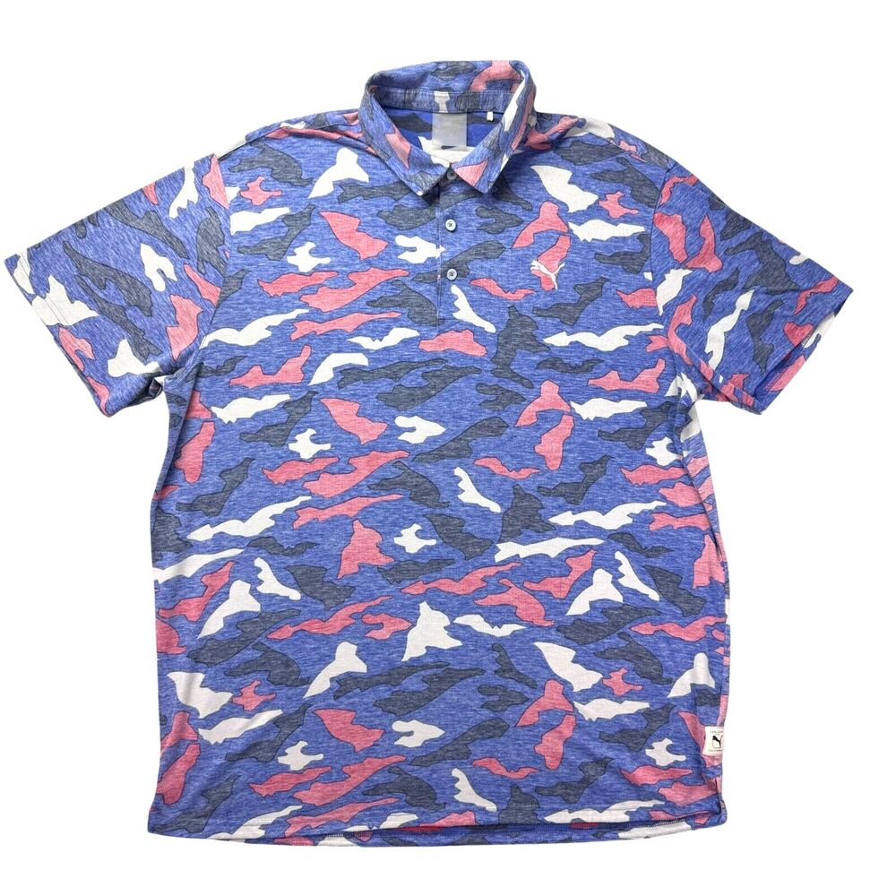 PUMA Polo Shirt Men’s Extra Extra Large Blue Red Camo Golf Short Sleeve Stretch